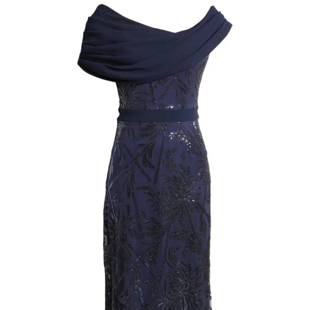 Gorgeous Tadashi Shoji Off the Shoulder Navy Gown